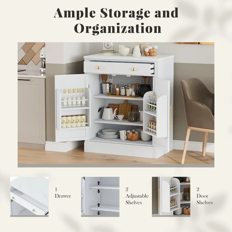Modern Freestanding Kitchen Pantry,Buffet Food Storage, Coffee Bar Cabinet with Drawer, 2 Adjustable Shelves and 2 Door Shelves