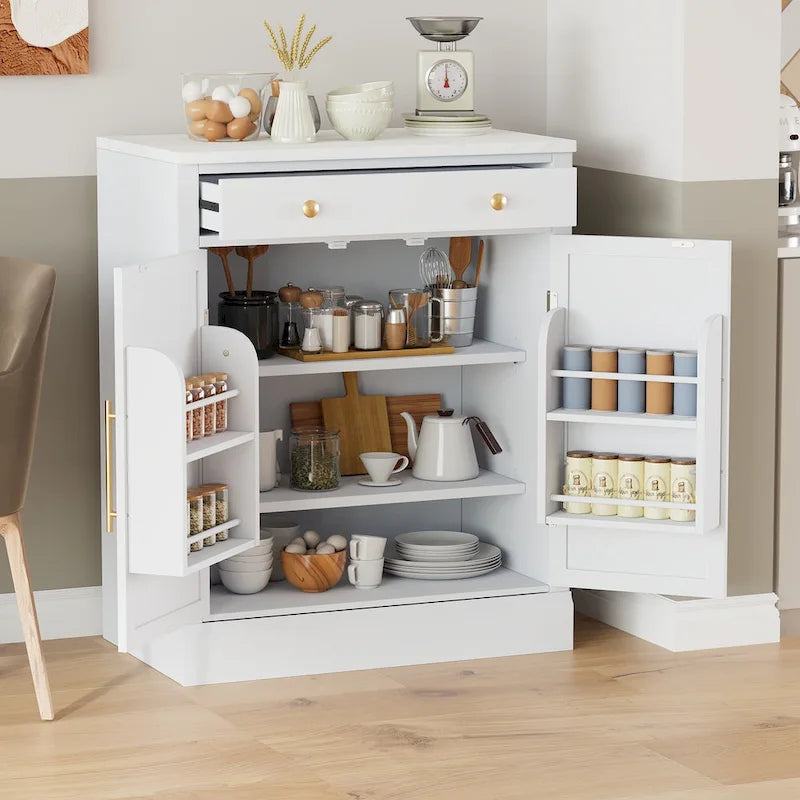 Modern Freestanding Kitchen Pantry,Buffet Food Storage, Coffee Bar Cabinet with Drawer, 2 Adjustable Shelves and 2 Door Shelves