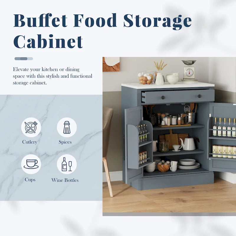 Modern Freestanding Kitchen Pantry,Buffet Food Storage, Coffee Bar Cabinet with Drawer, 2 Adjustable Shelves and 2 Door Shelves