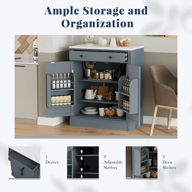 Modern Freestanding Kitchen Pantry,Buffet Food Storage, Coffee Bar Cabinet with Drawer, 2 Adjustable Shelves and 2 Door Shelves