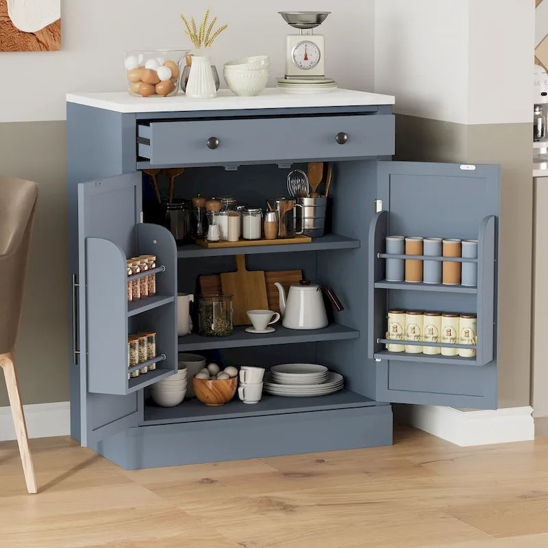 Modern Freestanding Kitchen Pantry,Buffet Food Storage, Coffee Bar Cabinet with Drawer, 2 Adjustable Shelves and 2 Door Shelves