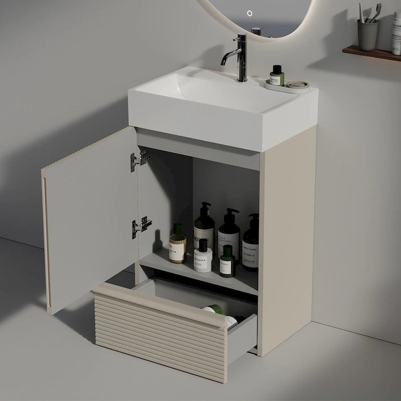 Single Sink Bathroom Vanity, Modern Grille-patterned Freestanding Vanity With Hidden Handle, Wood Bathroom Cabinet
