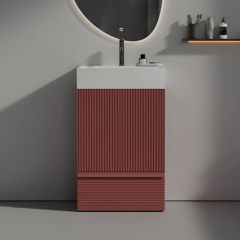 Single Sink Bathroom Vanity, Modern Grille-patterned Freestanding Vanity With Hidden Handle, Wood Bathroom Cabinet