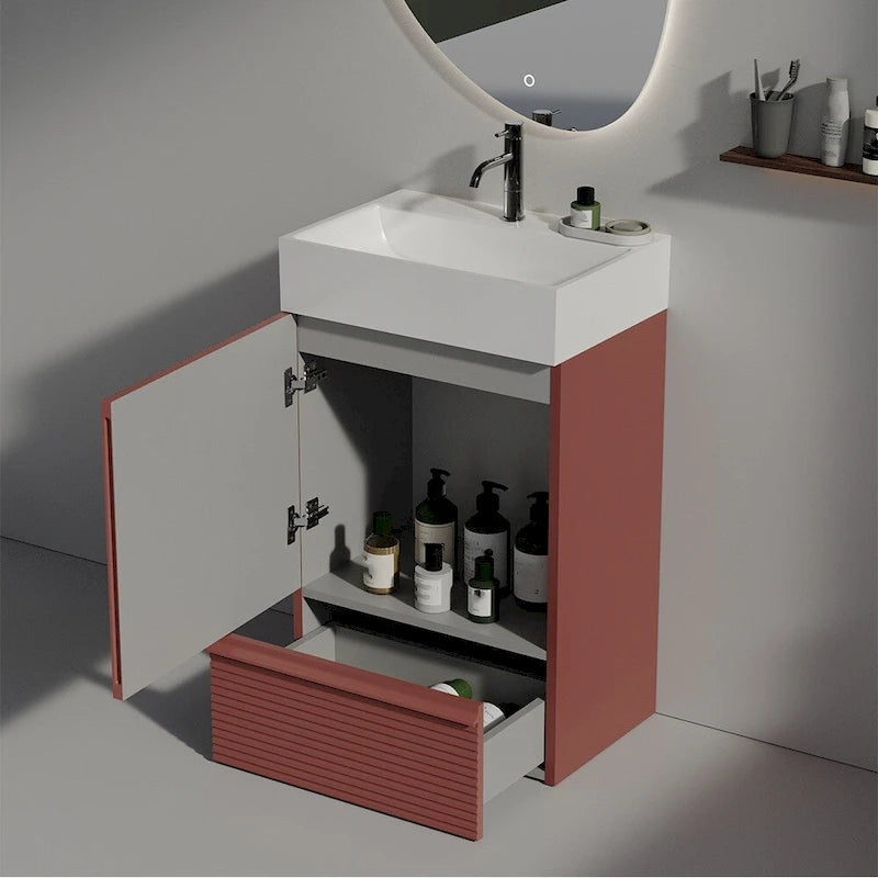 Single Sink Bathroom Vanity, Modern Grille-patterned Freestanding Vanity With Hidden Handle, Wood Bathroom Cabinet