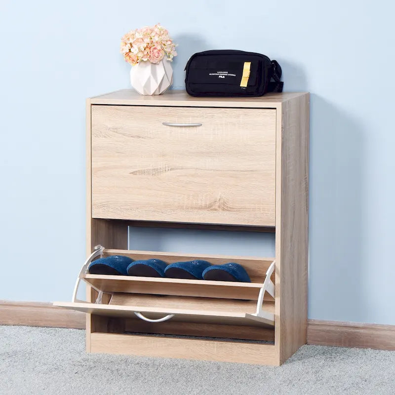 Wooden Shoe Cabinet with Two Flip Doors