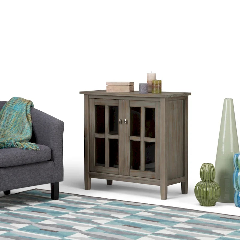 Solid Wood Low Storage Cabinet with Glass Doors, 32W x 14D x 31H