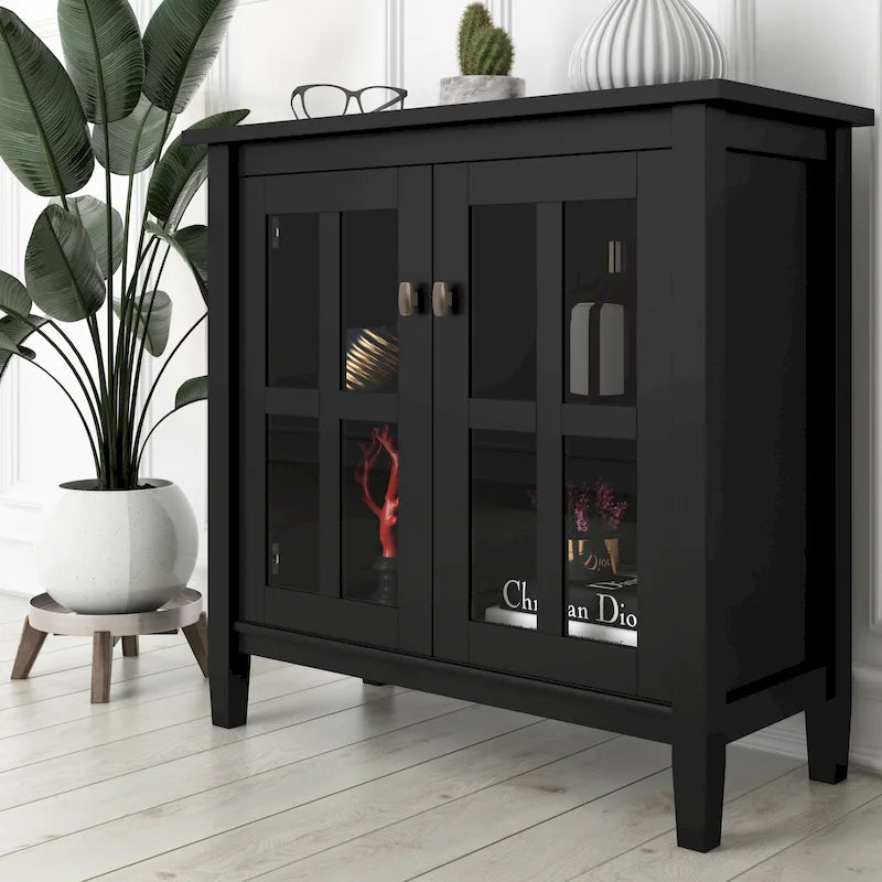 Solid Wood Low Storage Cabinet with Glass Doors, 32W x 14D x 31H