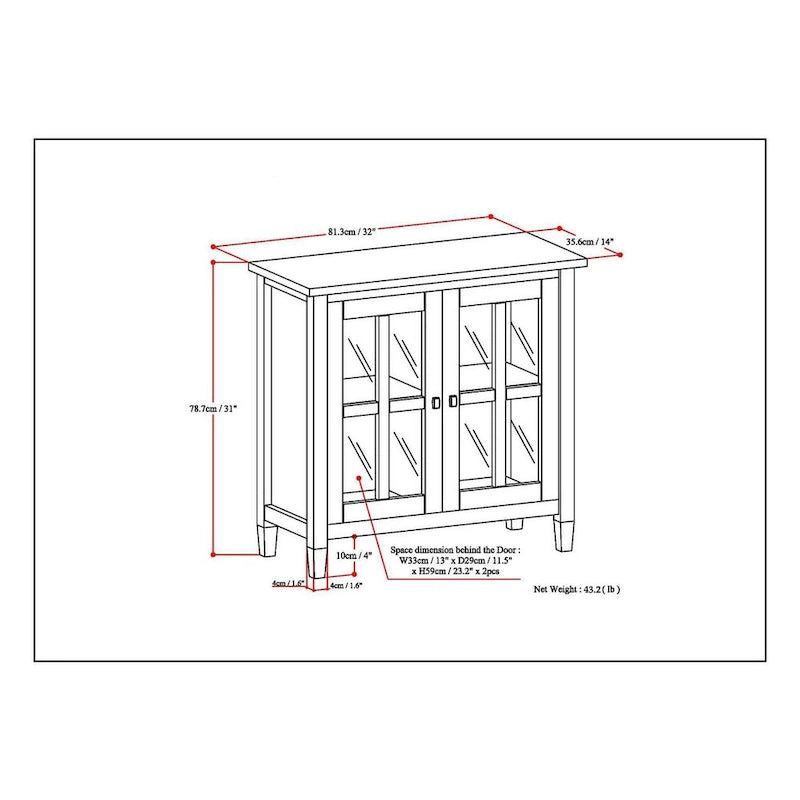 Solid Wood Low Storage Cabinet with Glass Doors, 32W x 14D x 31H
