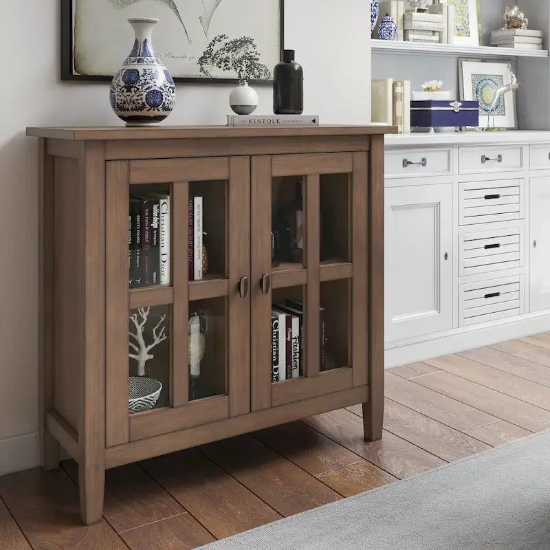 Solid Wood Low Storage Cabinet with Glass Doors, 32W x 14D x 31H