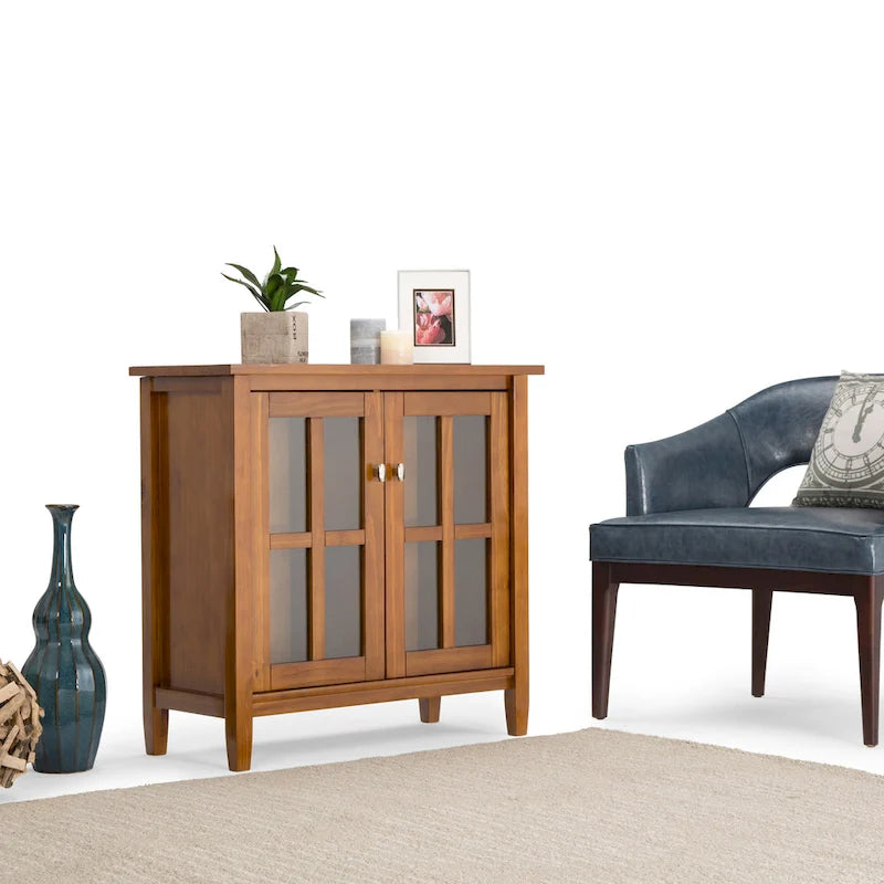 Solid Wood Low Storage Cabinet with Glass Doors, 32W x 14D x 31H