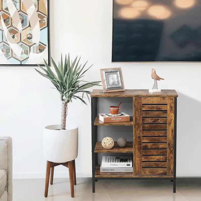 Walnut Storage Cabinet with 3 Shelves and 1 Door