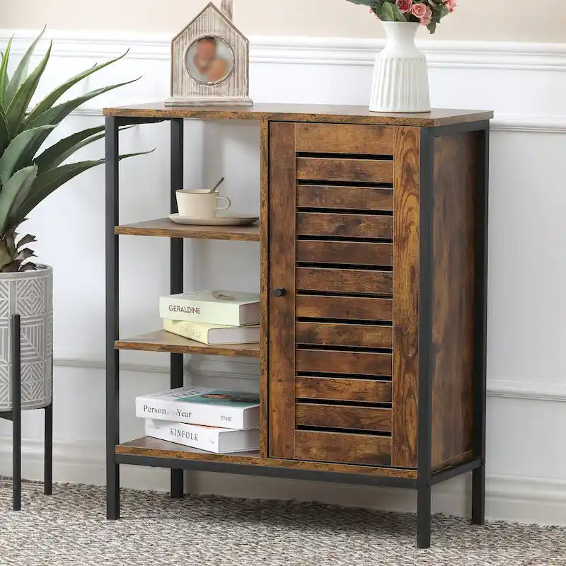 Walnut Storage Cabinet with 3 Shelves and 1 Door