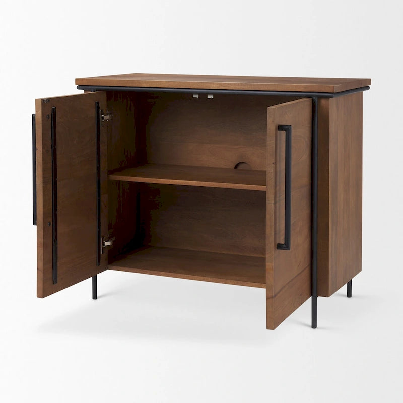 Maddox Medium Brown Solid Wood w/ Black Iron Frame & 2 Door Accent Cabinet