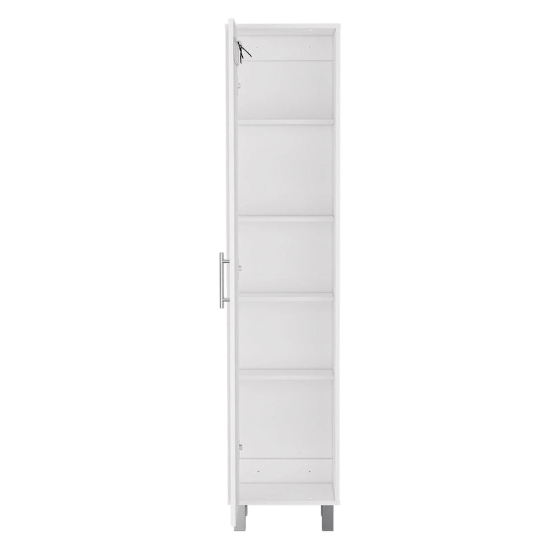 Dryden Tall Narrow Storage Cabinet with 5-Tier Shelf and Broom Hangers, White