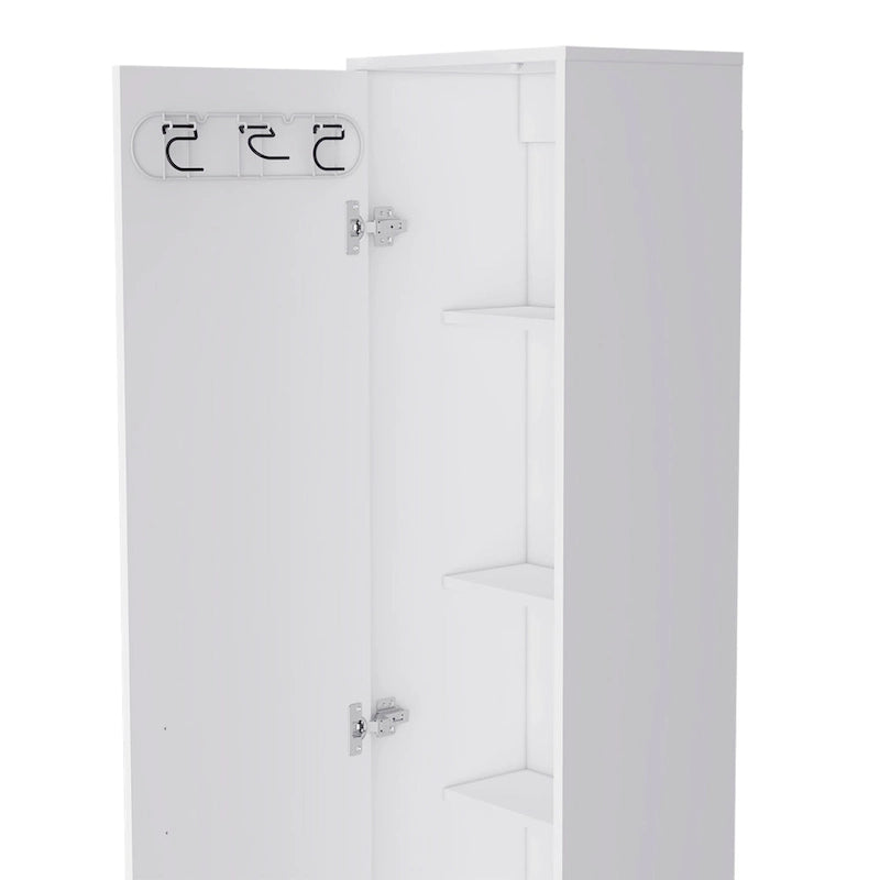 Dryden Tall Narrow Storage Cabinet with 5-Tier Shelf and Broom Hangers, White