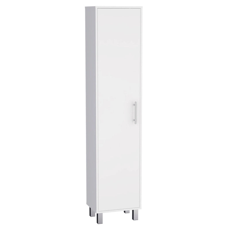 Dryden Tall Narrow Storage Cabinet with 5-Tier Shelf and Broom Hangers, White