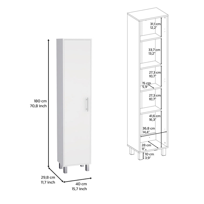 Dryden Tall Narrow Storage Cabinet with 5-Tier Shelf and Broom Hangers, White