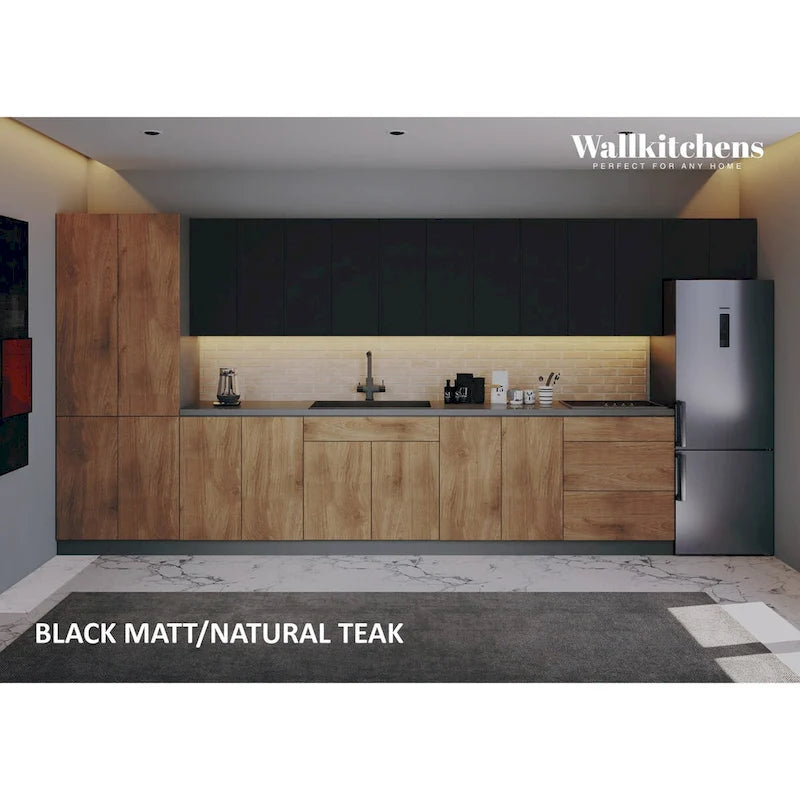 Modern Kitchen Set, Natural Teak and Black, 15 ft Wide