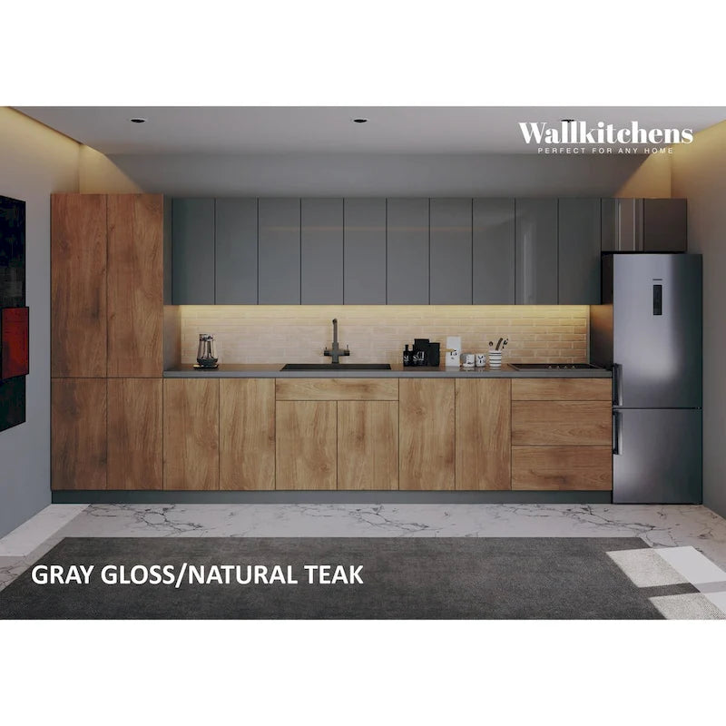 Modern Kitchen Set, Natural Teak and Black, 15 ft Wide