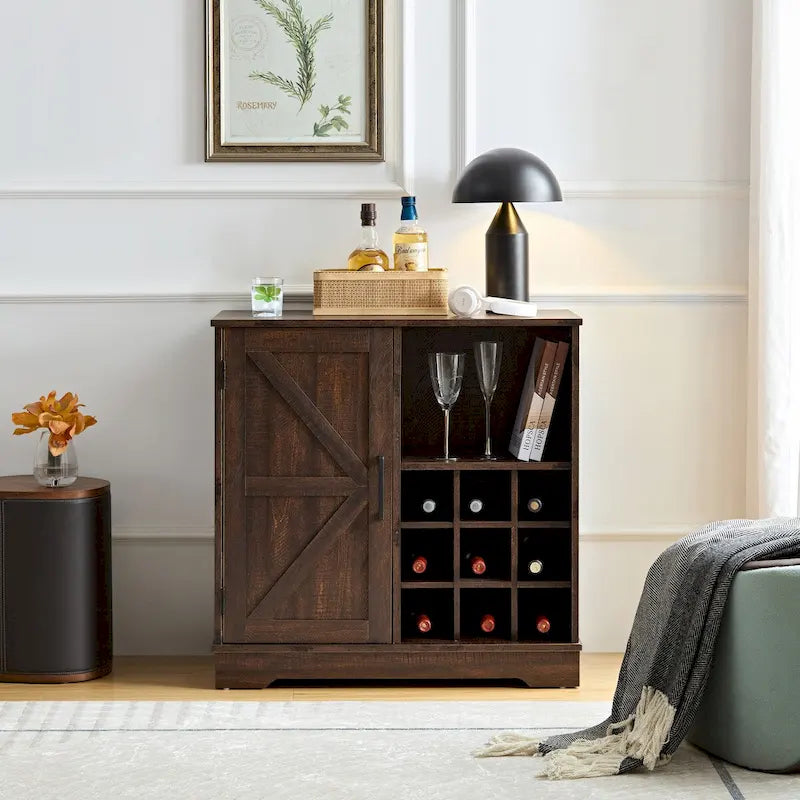 Farmhouse Coffee Bar Cabinet with Wine Rack, Barn Door, Drawer, and Adjustable Shelves