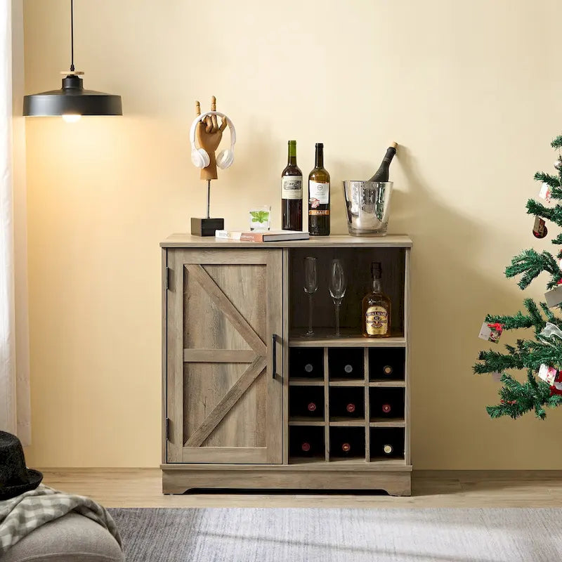 Farmhouse Coffee Bar Cabinet with Wine Rack, Barn Door, Drawer, and Adjustable Shelves