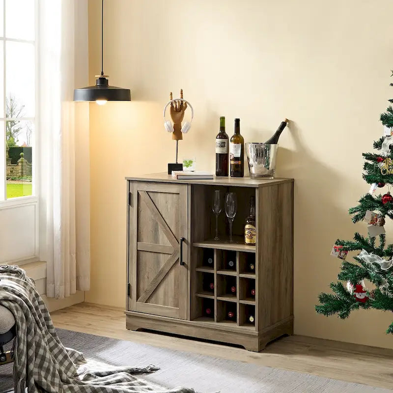Farmhouse Coffee Bar Cabinet with Wine Rack, Barn Door, Drawer, and Adjustable Shelves