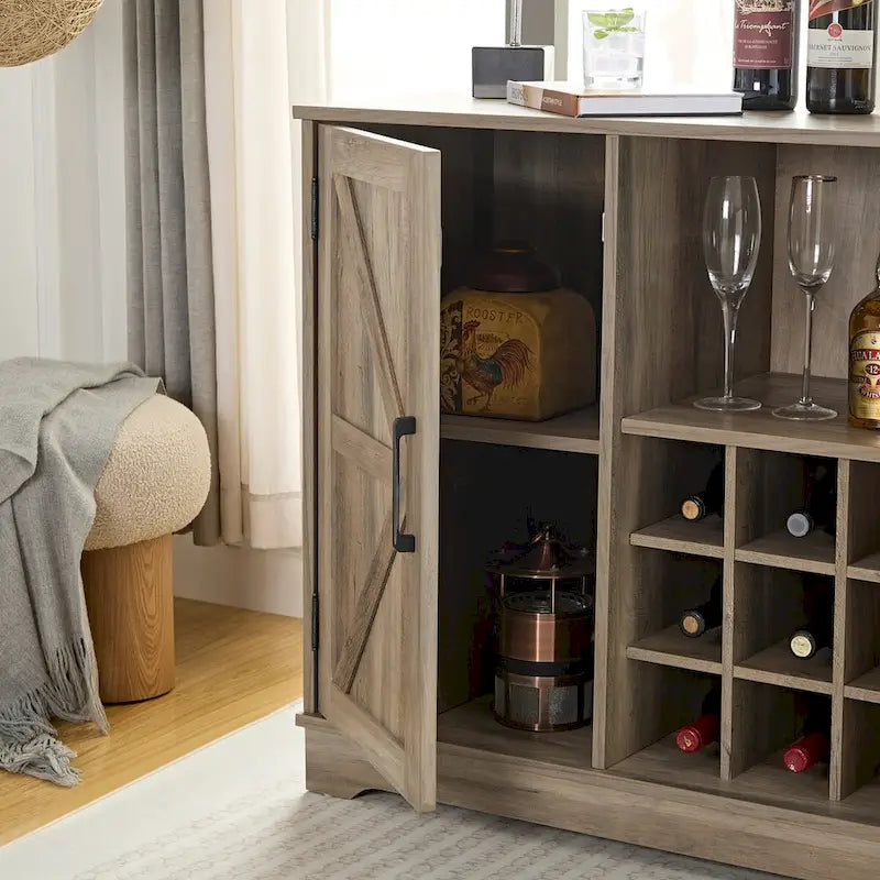 Farmhouse Coffee Bar Cabinet with Wine Rack, Barn Door, Drawer, and Adjustable Shelves