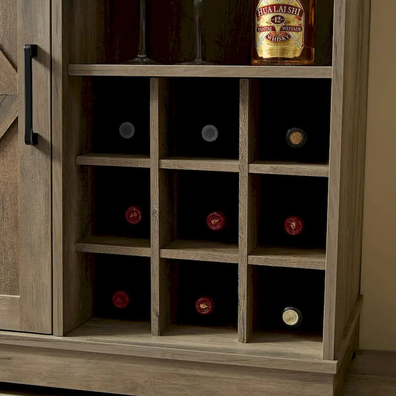 Farmhouse Coffee Bar Cabinet with Wine Rack, Barn Door, Drawer, and Adjustable Shelves