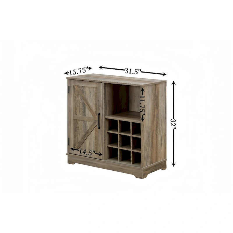 Farmhouse Coffee Bar Cabinet with Wine Rack, Barn Door, Drawer, and Adjustable Shelves