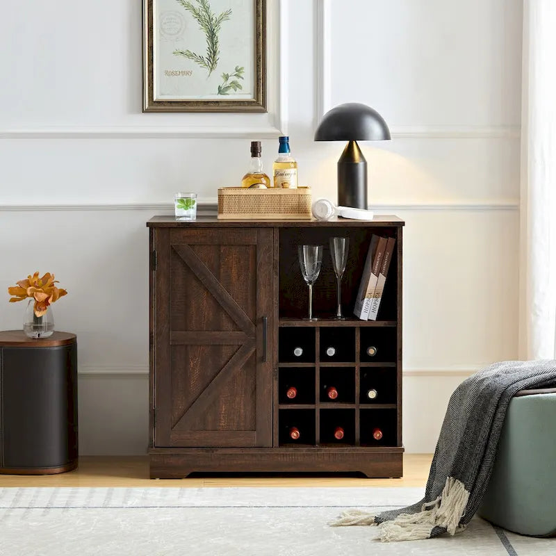 Farmhouse Coffee Bar Cabinet with Wine Rack, Barn Door, Drawer, and Adjustable Shelves