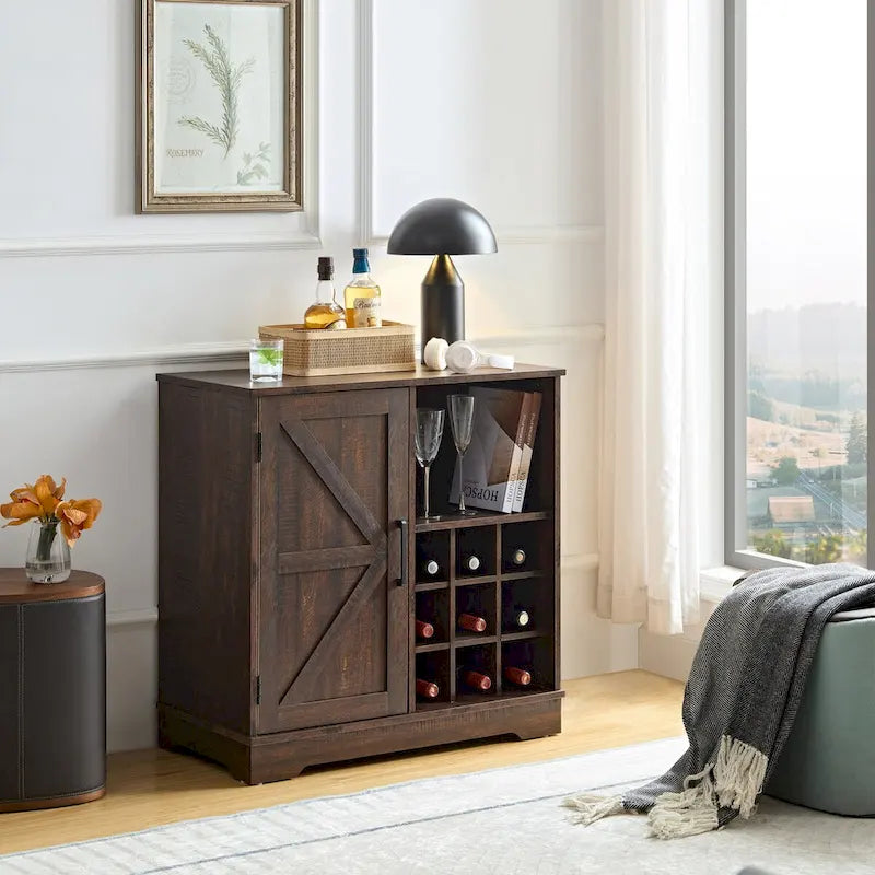 Farmhouse Coffee Bar Cabinet with Wine Rack, Barn Door, Drawer, and Adjustable Shelves