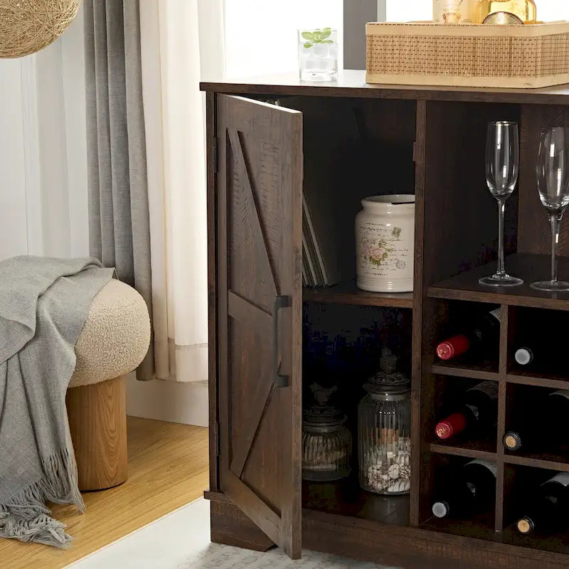 Farmhouse Coffee Bar Cabinet with Wine Rack, Barn Door, Drawer, and Adjustable Shelves