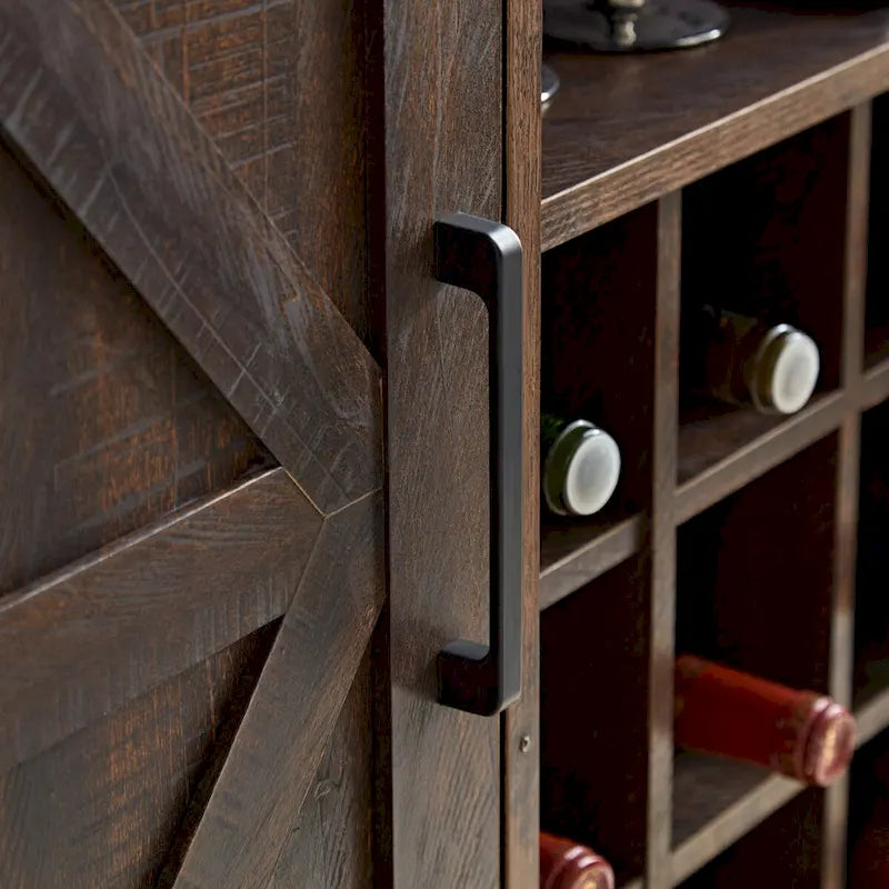 Farmhouse Coffee Bar Cabinet with Wine Rack, Barn Door, Drawer, and Adjustable Shelves