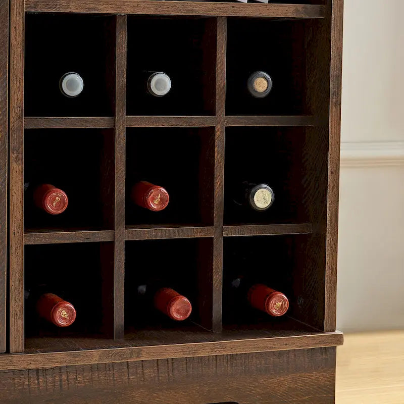 Farmhouse Coffee Bar Cabinet with Wine Rack, Barn Door, Drawer, and Adjustable Shelves