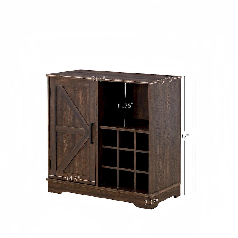 Farmhouse Coffee Bar Cabinet with Wine Rack, Barn Door, Drawer, and Adjustable Shelves