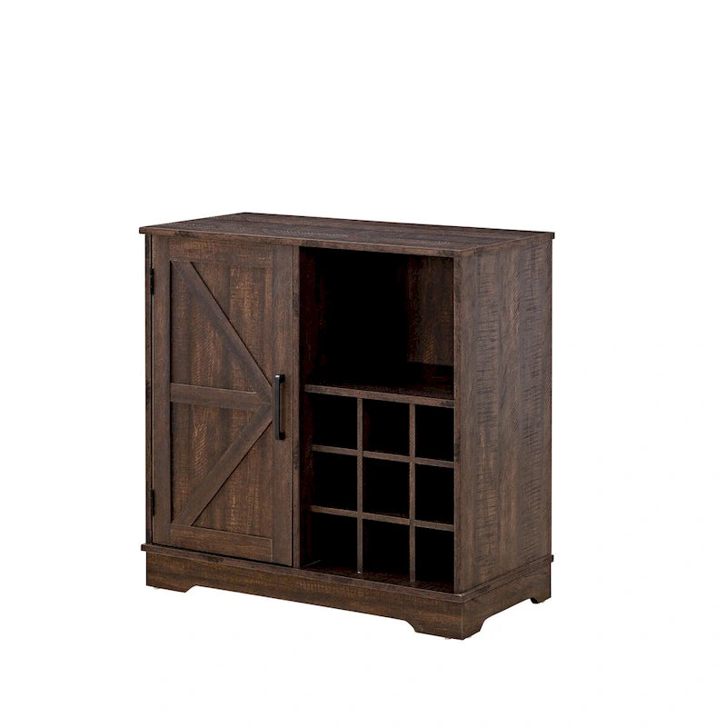 Farmhouse Coffee Bar Cabinet with Wine Rack, Barn Door, Drawer, and Adjustable Shelves