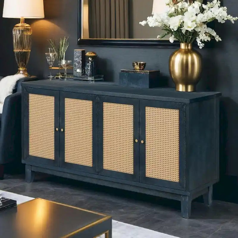 Handcrafted Premium Grain Panels,Rattan Sideboard Buffer Cabinet,Accent Storage Cabinet With 4 Rattan Doors