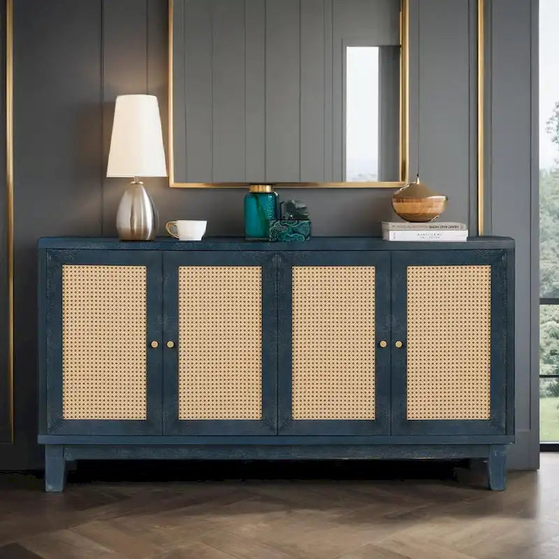 Handcrafted Premium Grain Panels,Rattan Sideboard Buffer Cabinet,Accent Storage Cabinet With 4 Rattan Doors