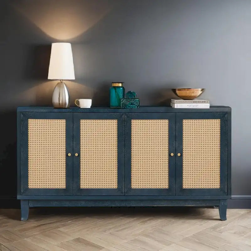 Handcrafted Premium Grain Panels,Rattan Sideboard Buffer Cabinet,Accent Storage Cabinet With 4 Rattan Doors