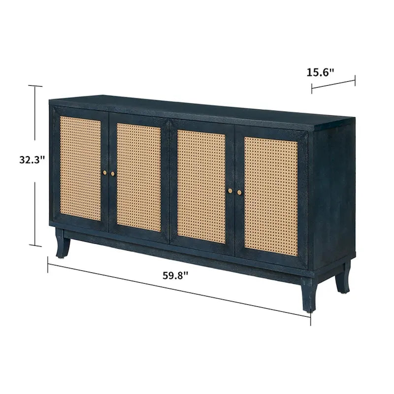 Handcrafted Premium Grain Panels,Rattan Sideboard Buffer Cabinet,Accent Storage Cabinet With 4 Rattan Doors