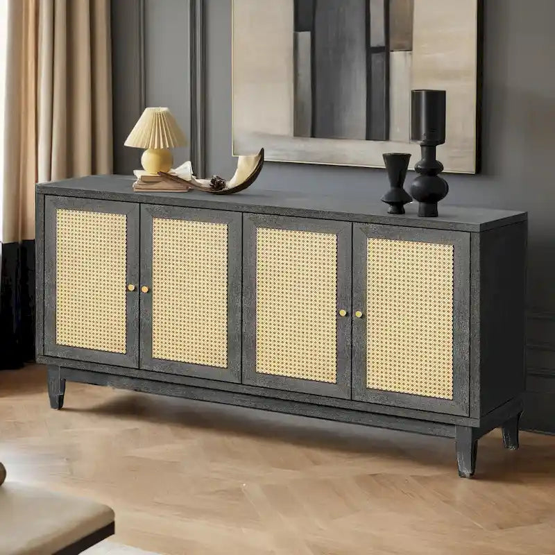 Handcrafted Premium Grain Panels,Rattan Sideboard Buffer Cabinet,Accent Storage Cabinet With 4 Rattan Doors