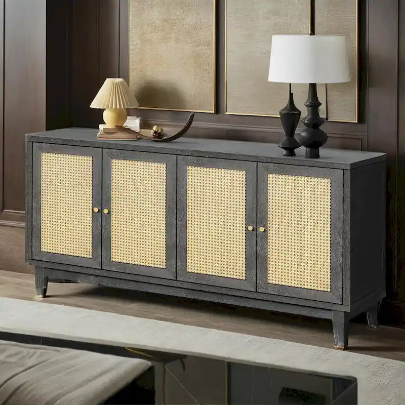 Handcrafted Premium Grain Panels,Rattan Sideboard Buffer Cabinet,Accent Storage Cabinet With 4 Rattan Doors