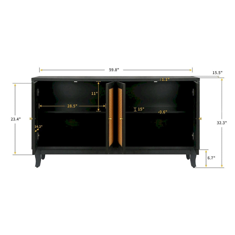 Handcrafted Premium Grain Panels,Rattan Sideboard Buffer Cabinet,Accent Storage Cabinet With 4 Rattan Doors