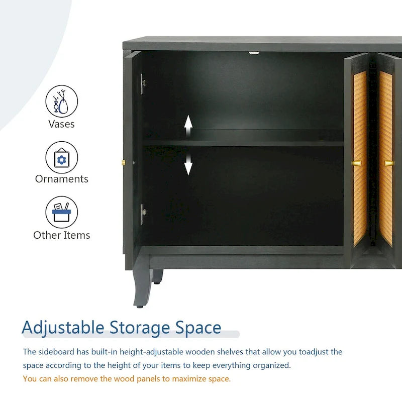 Handcrafted Premium Grain Panels,Rattan Sideboard Buffer Cabinet,Accent Storage Cabinet With 4 Rattan Doors