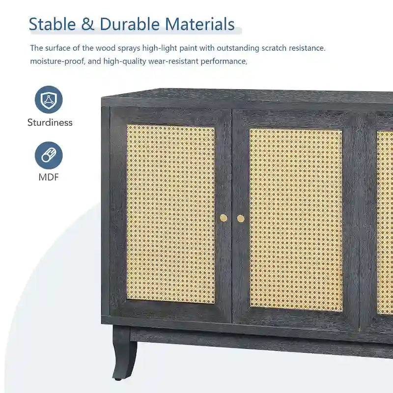 Handcrafted Premium Grain Panels,Rattan Sideboard Buffer Cabinet,Accent Storage Cabinet With 4 Rattan Doors