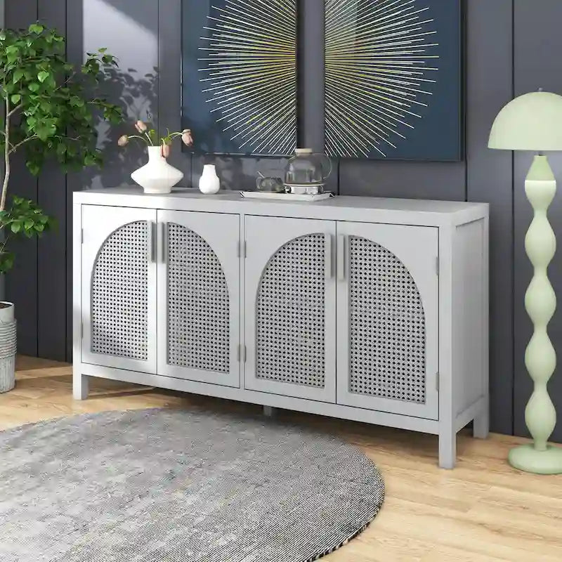 Sideboard with Artificial Rattan Door and Metal Handles for Living Room and Entryway