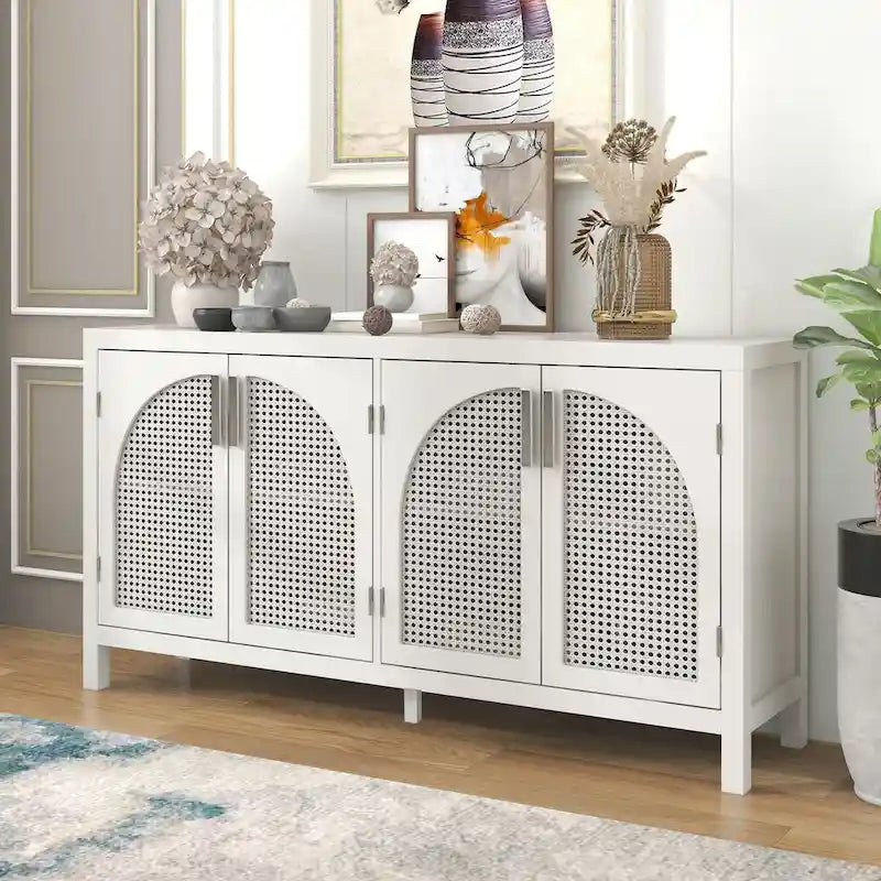 Sideboard with Artificial Rattan Door and Metal Handles for Living Room and Entryway