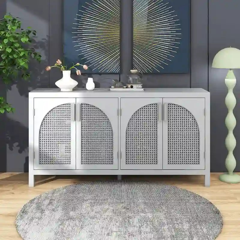 Sideboard with Artificial Rattan Door and Metal Handles for Living Room and Entryway