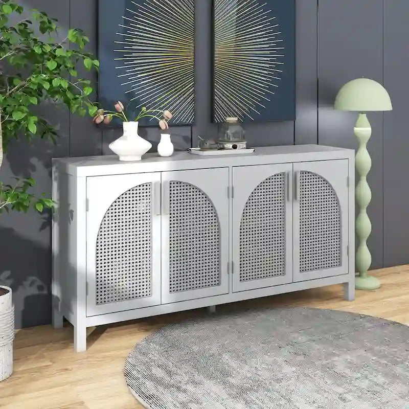 Sideboard with Artificial Rattan Door and Metal Handles for Living Room and Entryway