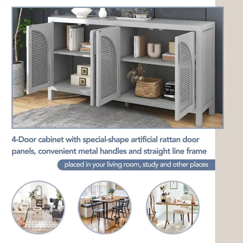 Sideboard with Artificial Rattan Door and Metal Handles for Living Room and Entryway